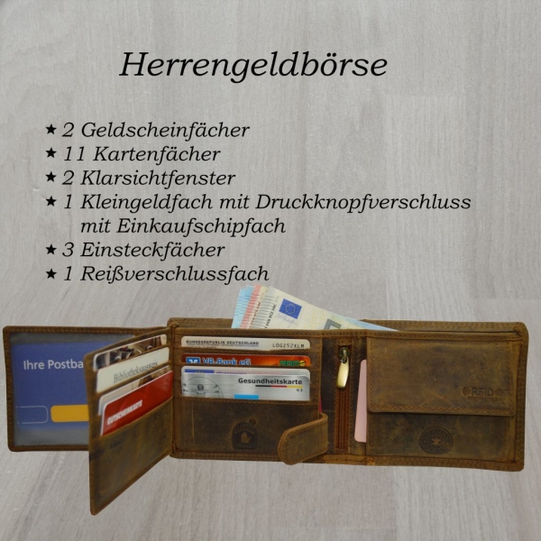 flevado Herren Geldbörse 100 % Büffel Leder mit RFID Schutz Querformat (braun)